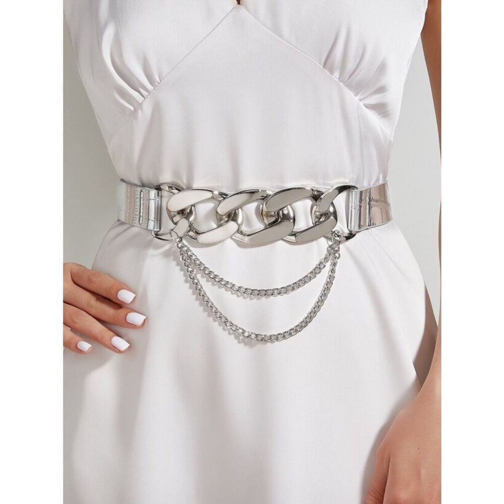 Silver Chunky Chain Waist Belt with Draped Chains R 614